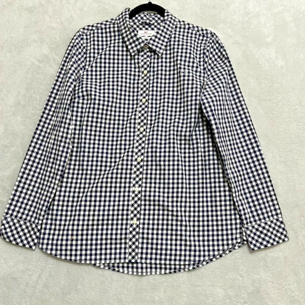 Vineyard Vines Button Down Women 12 Navy Gingham Whale Logo Classic Fit Preppy - Picture 2 of 10